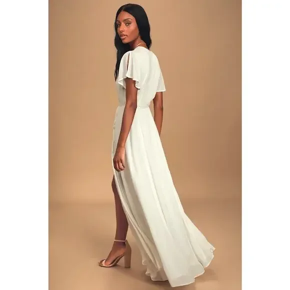 Lulus White Wrap Maxi Dress Flutter Sleeve Tie Waist Slit Boho Women’s M - Picture 2 of 15